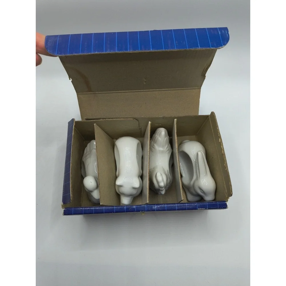 VTG Porcelain Napkin Rings 1984 Bunny Pig Duck Chicken Farm In Original Box